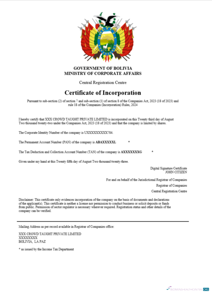 Download Bolivia certificate of registration Word and PDF template Photoshop template